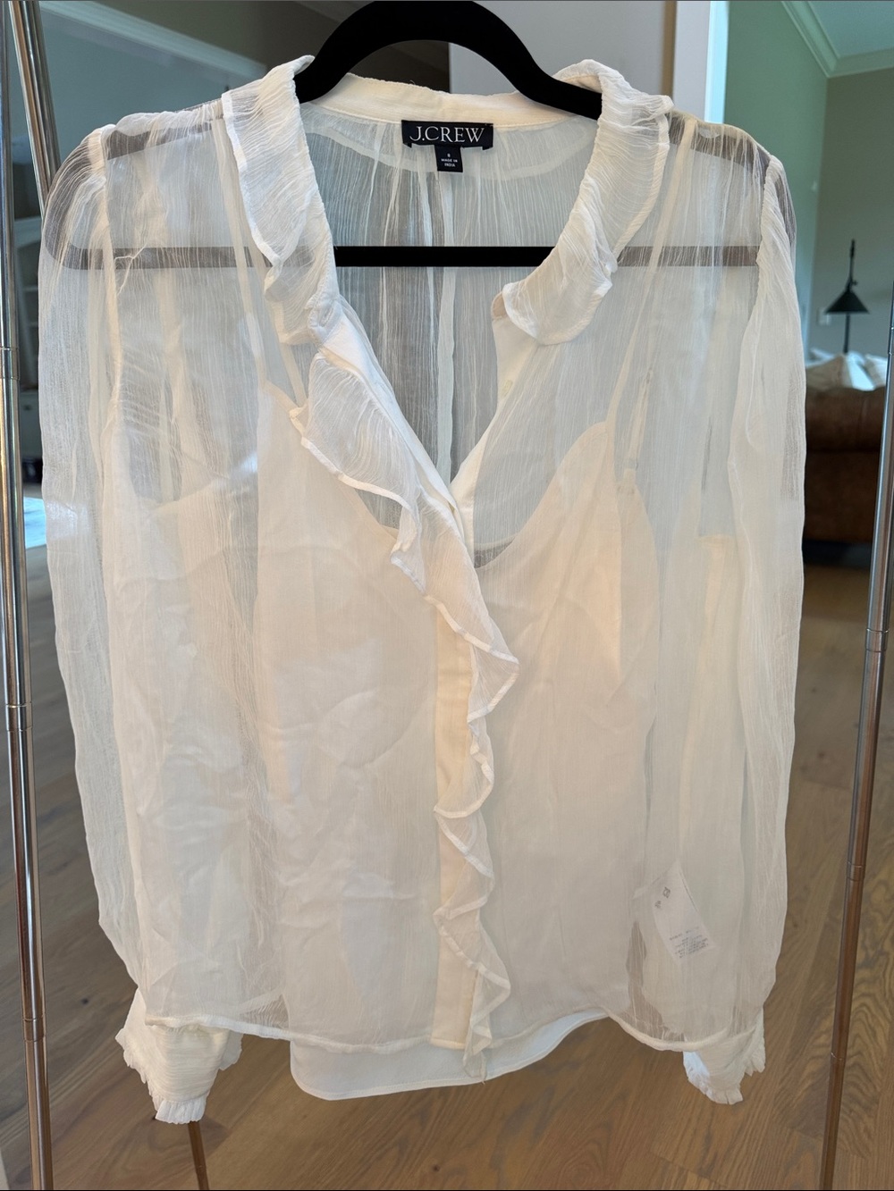 J. Crew White Sheer Ruffle-Front Blouse with Camisole